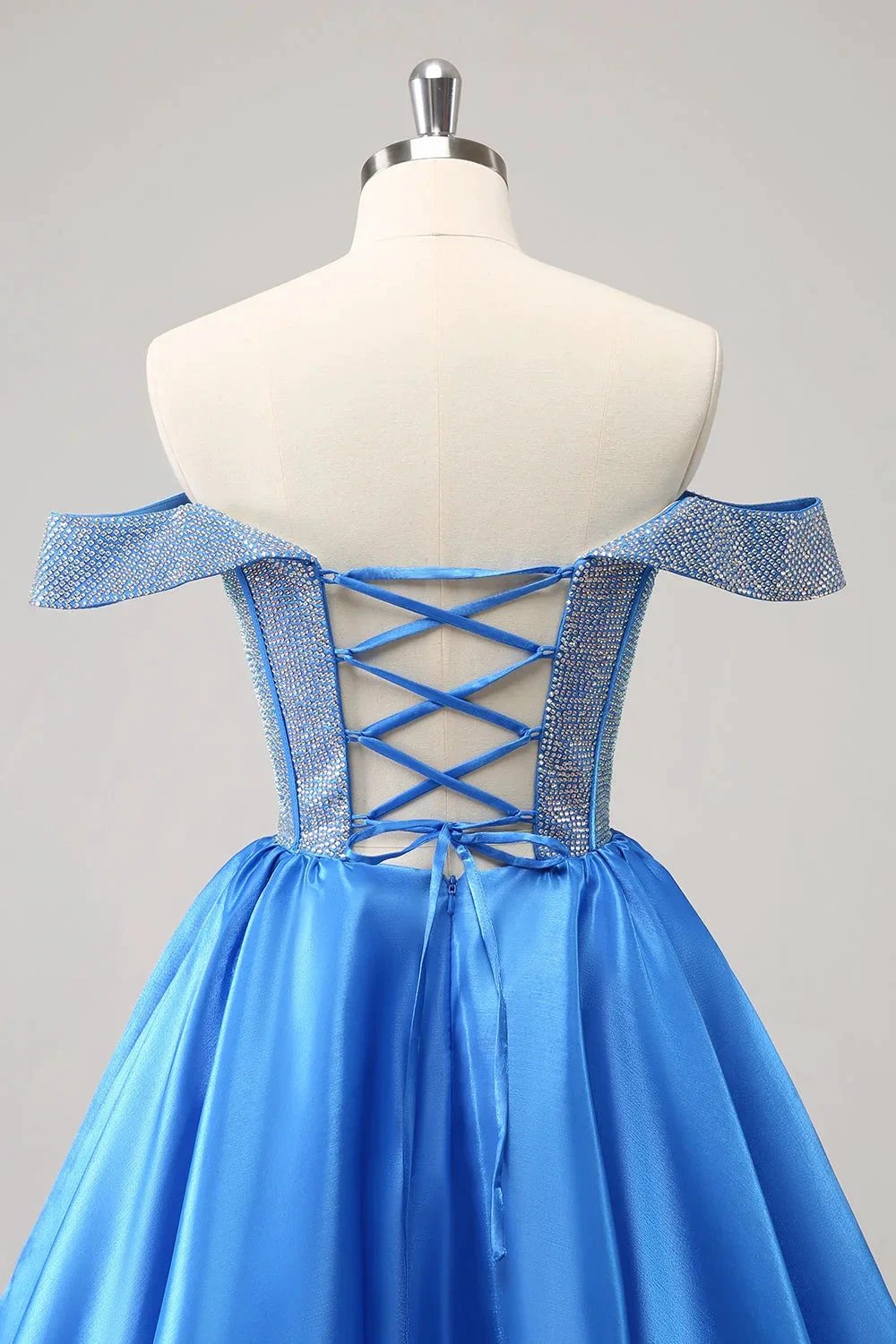 Cute Blue A Line Off The Shoulder Corset Homecoming Dress with Beading (ZD11480)