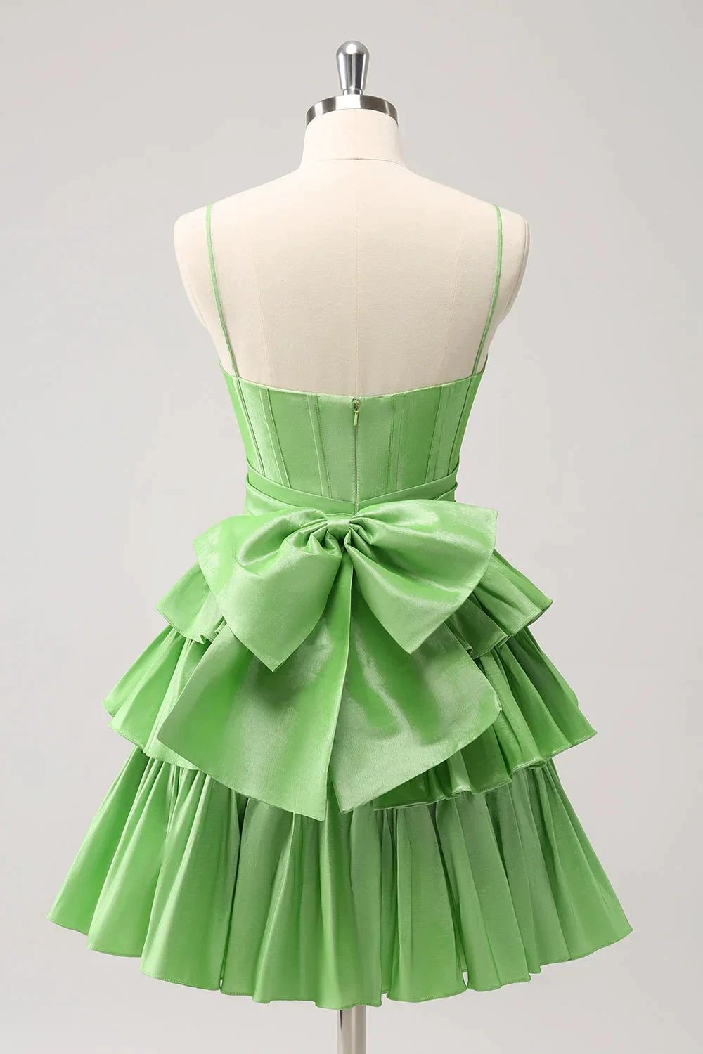 Cute Green A Line Spaghetti Straps Corset Tiered Ruffle Homecoming Dress with Bow (ZD11463)
