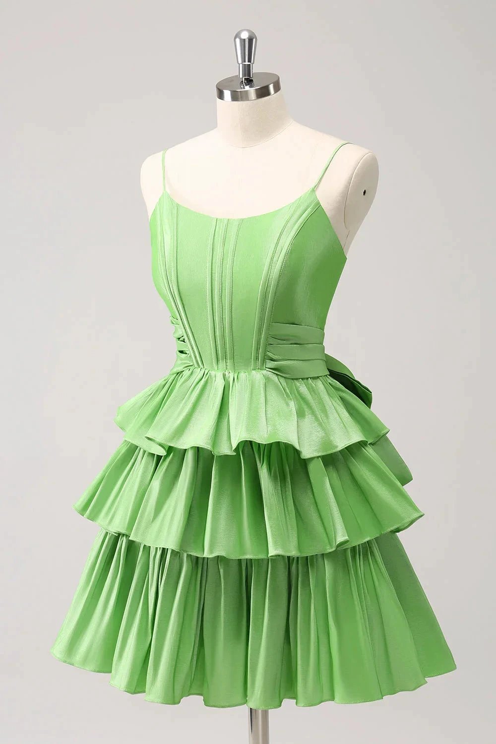 Cute Green A Line Spaghetti Straps Corset Tiered Ruffle Homecoming Dress with Bow (ZD11463)