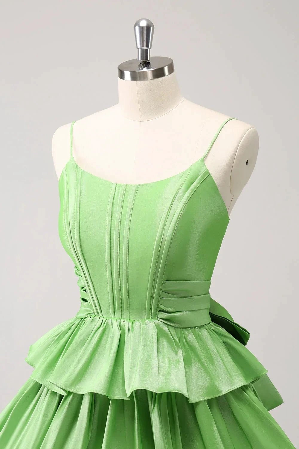 Cute Green A Line Spaghetti Straps Corset Tiered Ruffle Homecoming Dress with Bow (ZD11463)