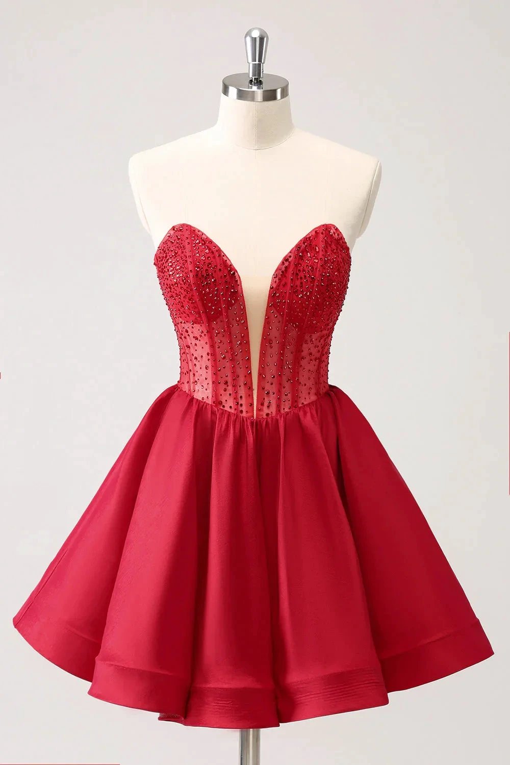 Cute Red A Line Strapless Corset Ruffle Homecoming Dress with Beading by WEDTREND