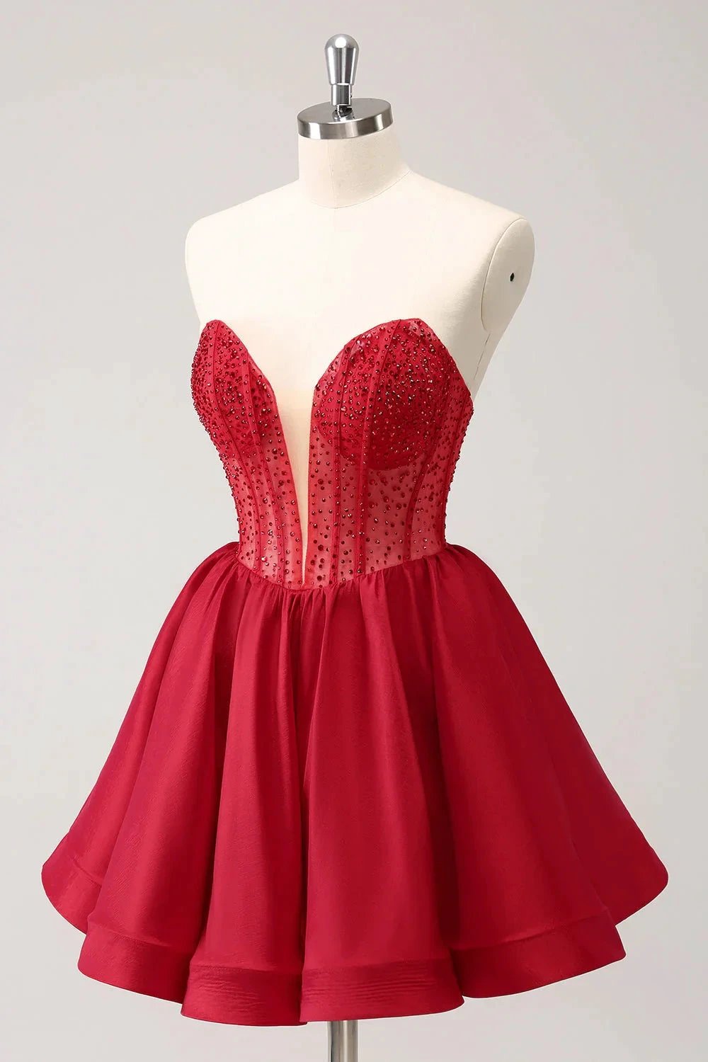 Cute Red A Line Strapless Corset Ruffle Homecoming Dress with Beading (ZD11435)