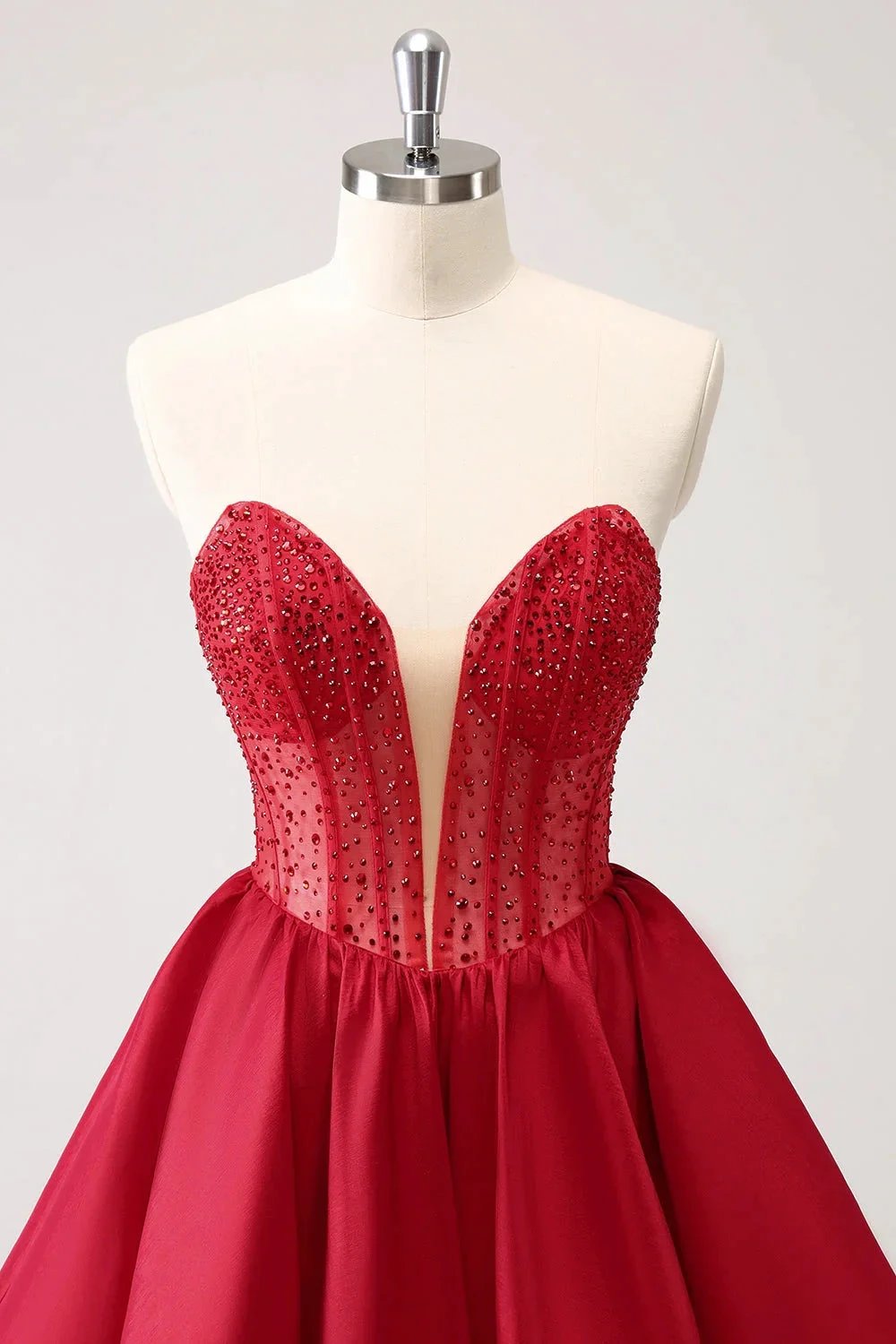 Cute Red A Line Strapless Corset Ruffle Homecoming Dress with Beading (ZD11435)