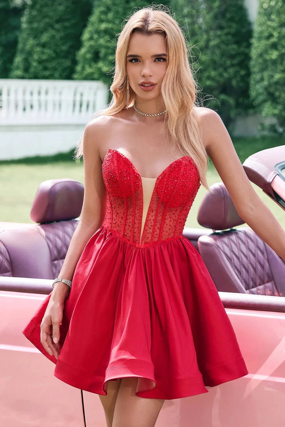 Cute Red A Line Strapless Corset Short Ruffle Homecoming Dress with Beading (ZD11434)