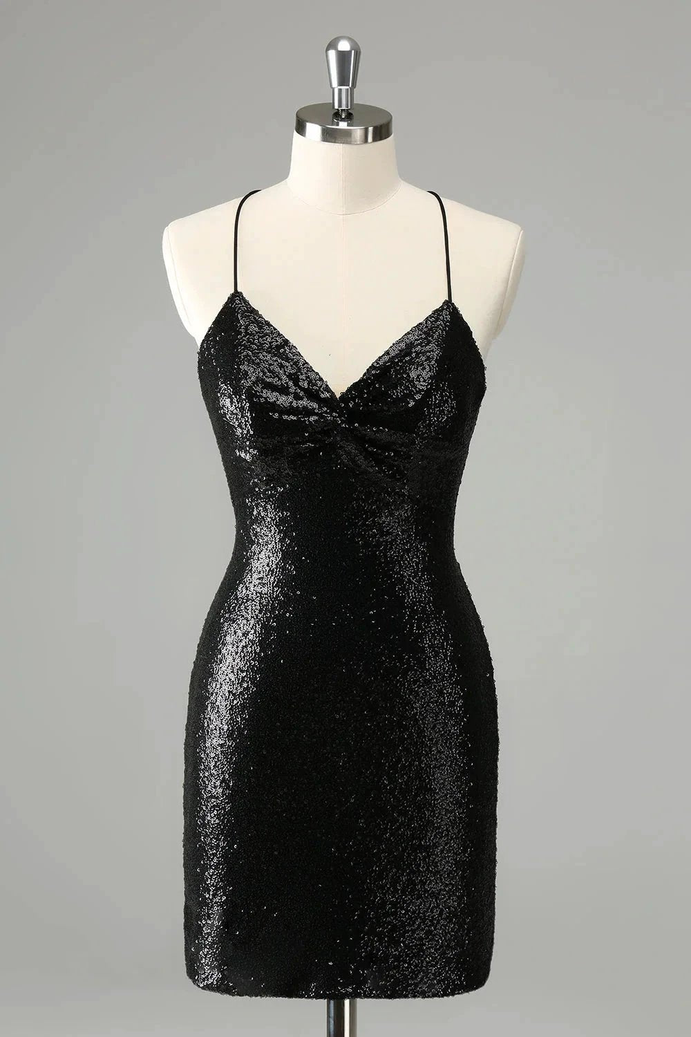 Black Bodycon Spaghetti Straps Sequins Short Homecoming Dress with Lace-up Back by WEDTREND