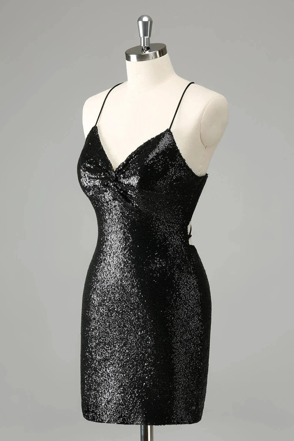 Black Bodycon Spaghetti Straps Sequins Short Homecoming Dress with Lace-up Back (ZD11566)