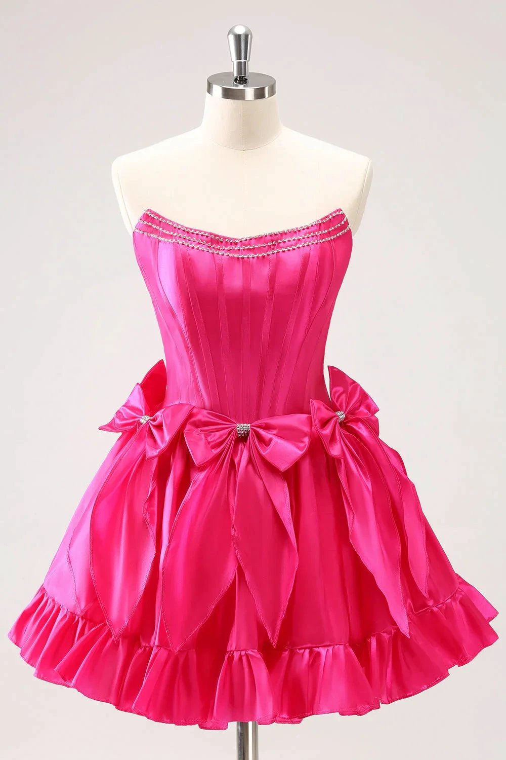 Cute Fuchsia A Line Strapless Corset Ruffle Beaded Homecoming Dress with Bows by WEDTREND