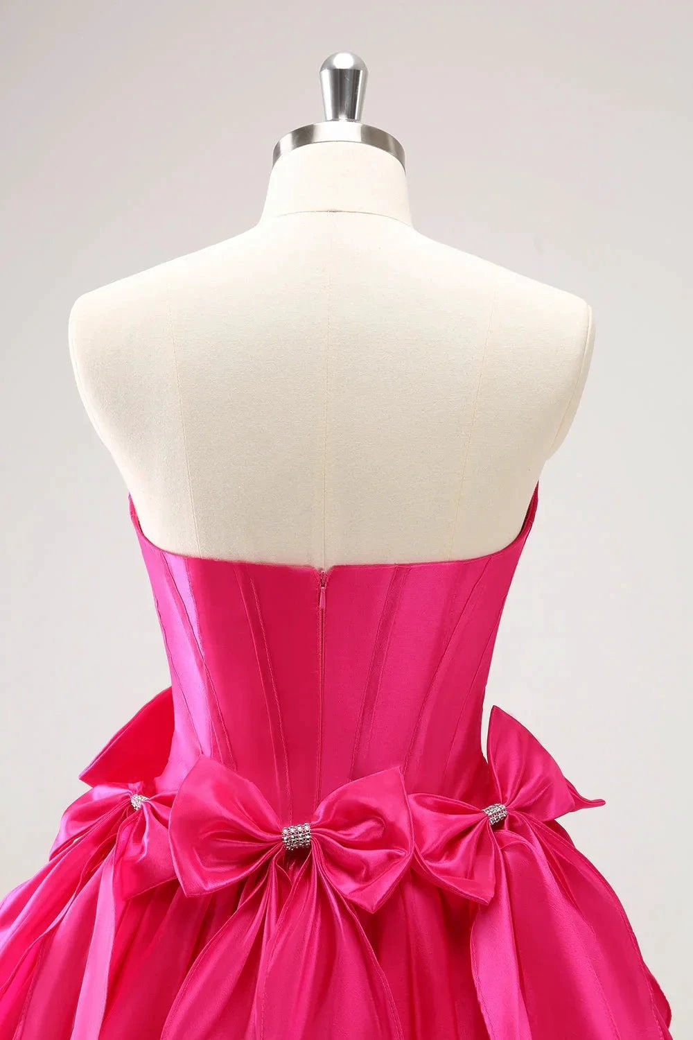 Cute Fuchsia A Line Strapless Corset Ruffle Beaded Homecoming Dress with Bows (ZD11467)