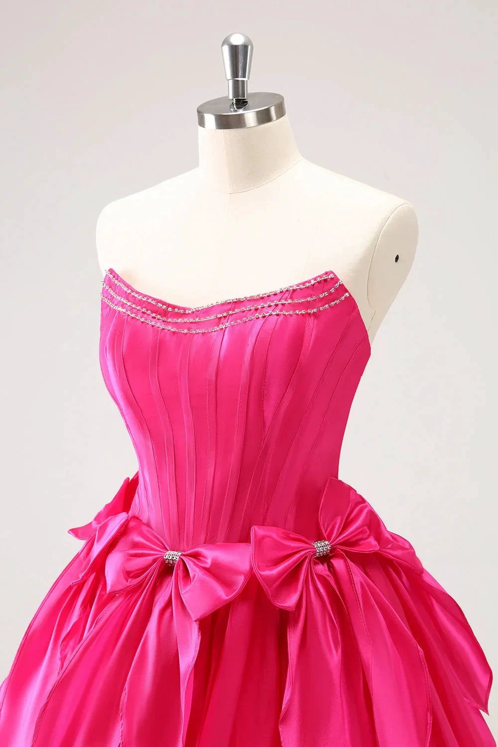 Cute Fuchsia A Line Strapless Corset Ruffle Beaded Homecoming Dress with Bows (ZD11467)
