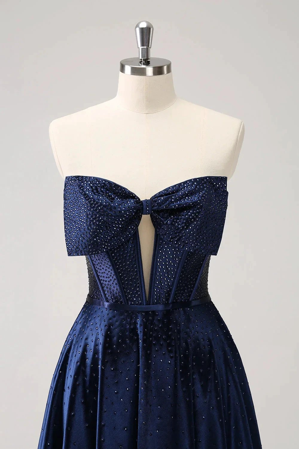 Cute Navy A Line Strapless Hollow Out Corset Beaded Homecoming Dress with Bow (ZD11450)
