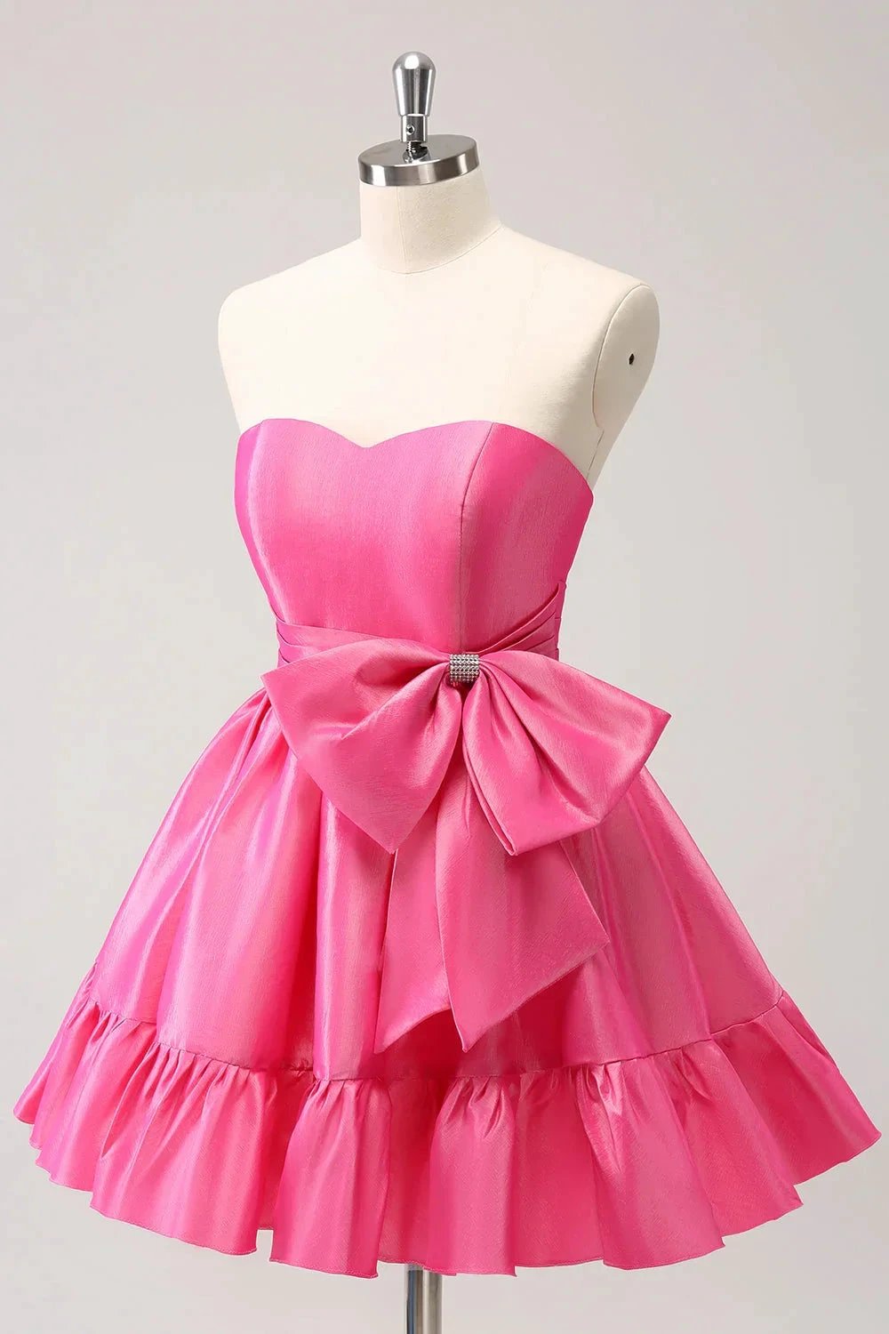 Cute Hot Pink A Line Strapless Pleated Short Homecoming Dress with Bow (ZD11457)