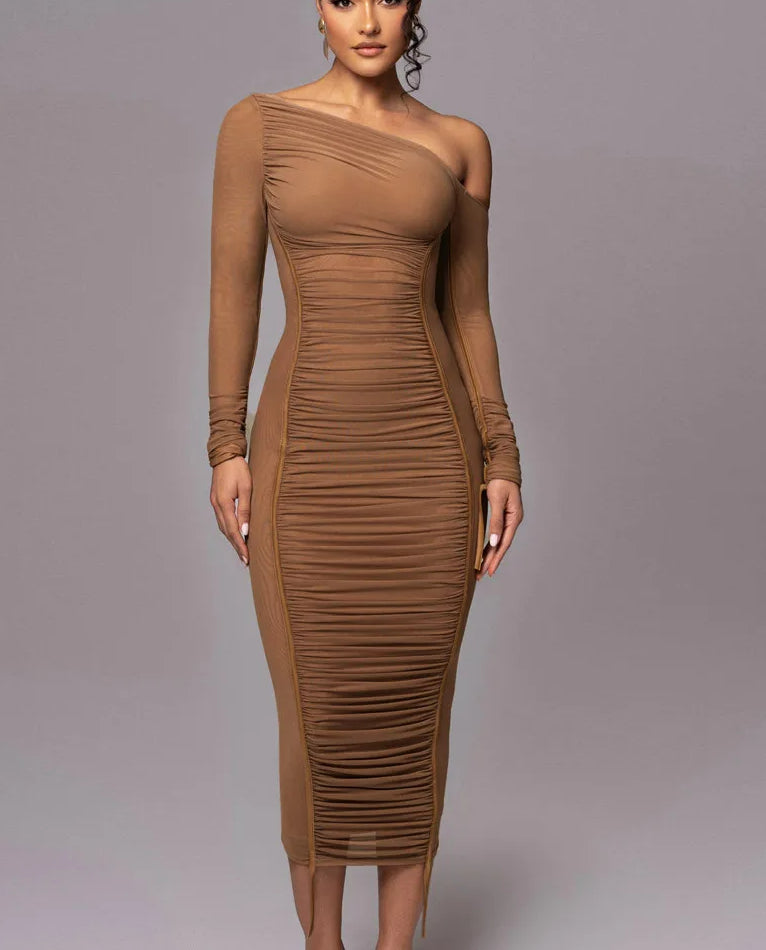 Diagonal Collar Draped Mesh Maxi Dress - View 2 | VelvetHem