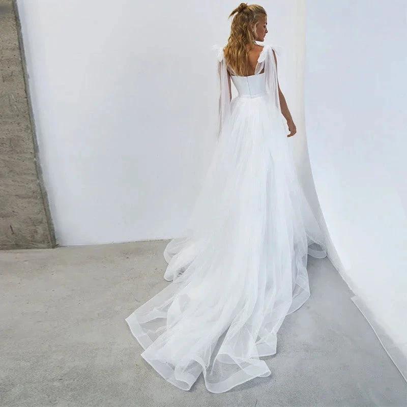 Simple White Tulle Wedding Dresses Boho Bow Spaghetti Straps A-Line Beach Wedding Party Gowns Abito Da Sposa 2021 (ZD13492)