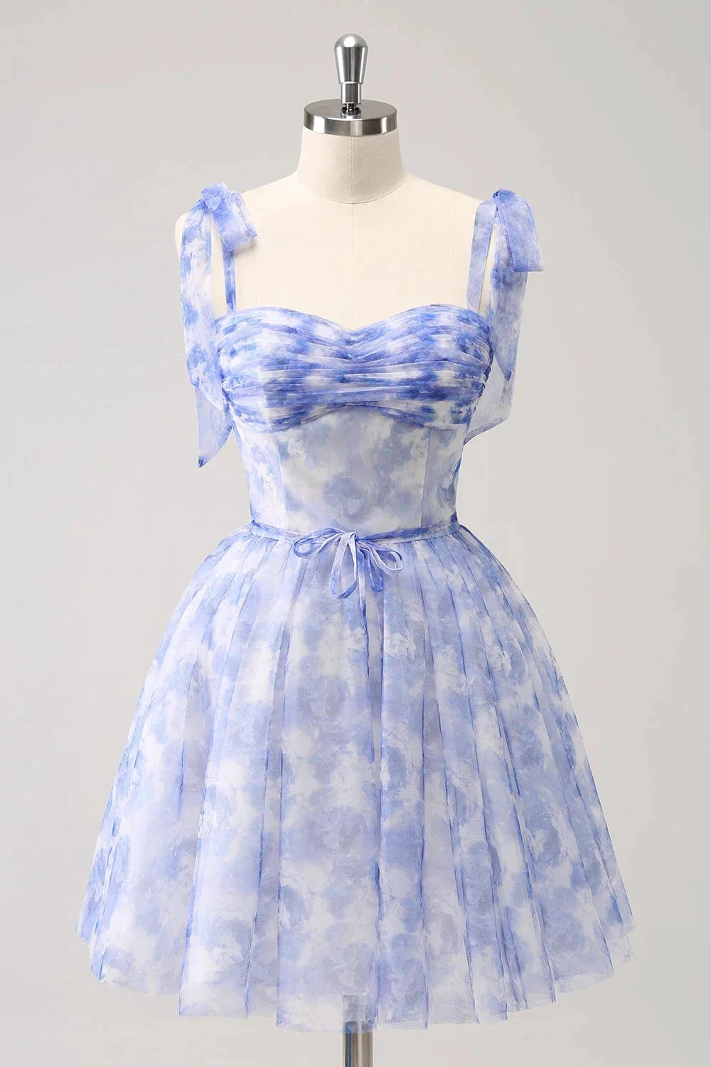 Cute Blue A Line Spaghetti Straps Pleated Short Homecoming Dress With Lace Up Back (ZD11479) - VelvetHem