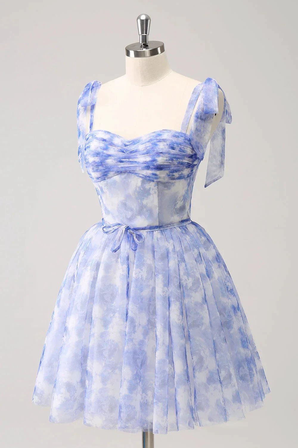Cute Blue A Line Spaghetti Straps Pleated Short Homecoming Dress With Lace Up Back (ZD11479) - View 3 | VelvetHem