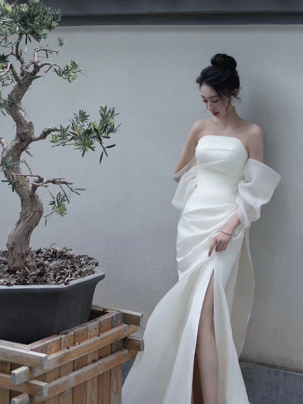 Elegant White Strapless Prom Dress, High Slit Fairy Wedding Guest Gown Maxi Dress - FashionDia
