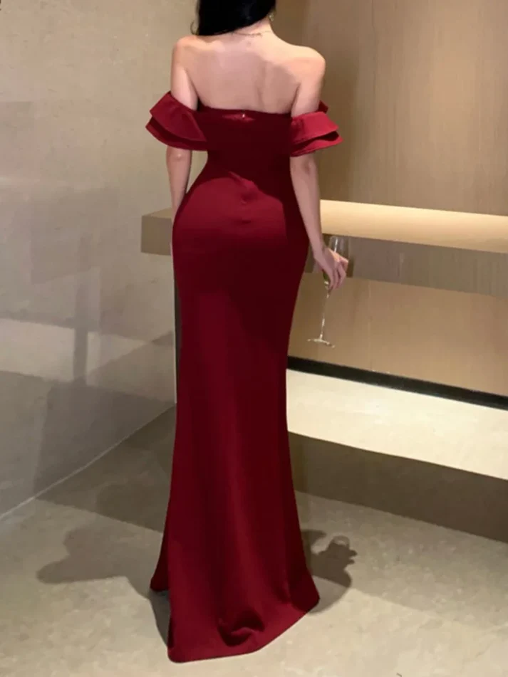Stylish Burgundy Off-the-Shoulder Satin Slit Mermaid Evening Dress Long Wedding Guest Dress - View 5 | FashionDia
