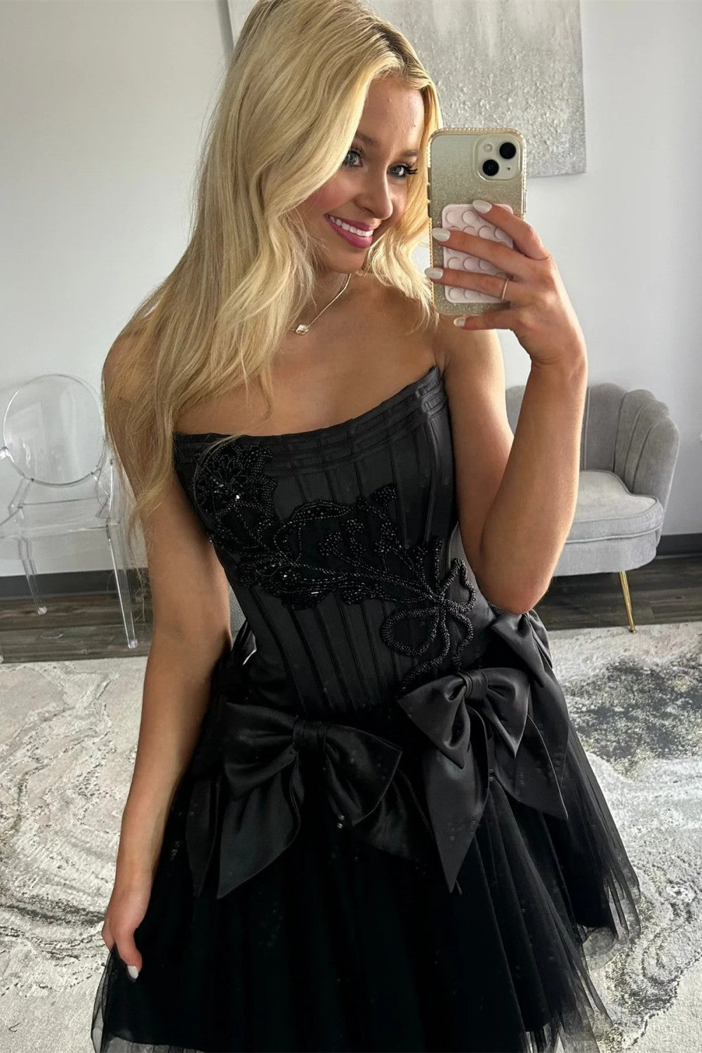 Stunning A Line Strapless Black Corset Homecoming Dress with Bowknot