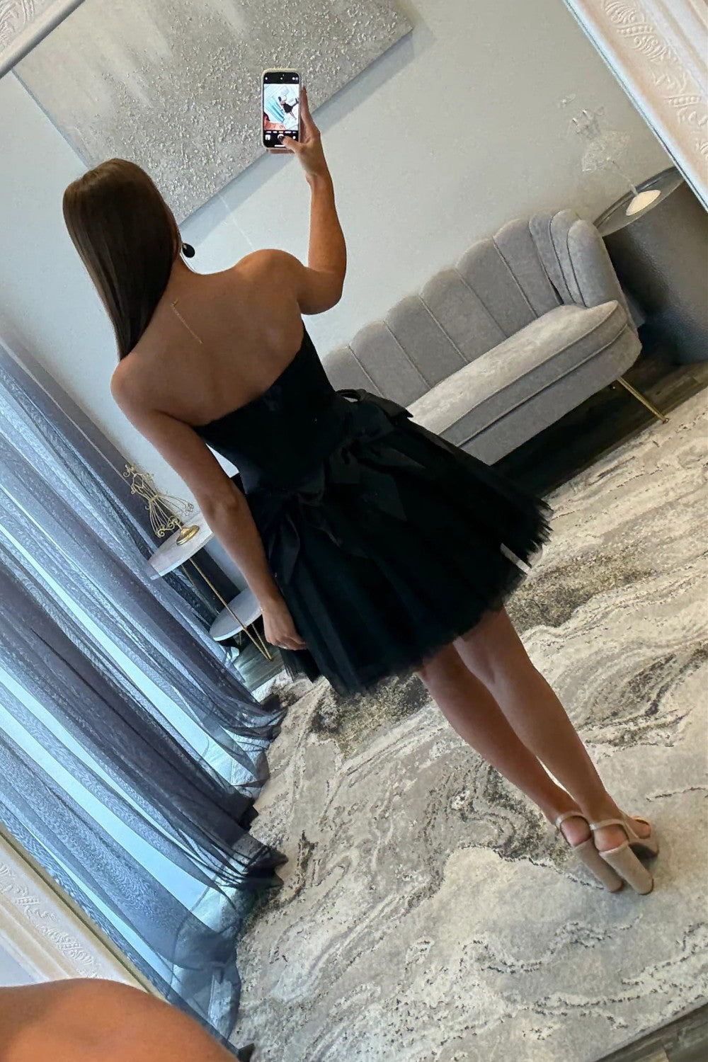 Stunning A Line Strapless Black Corset Homecoming Dress with Bowknot