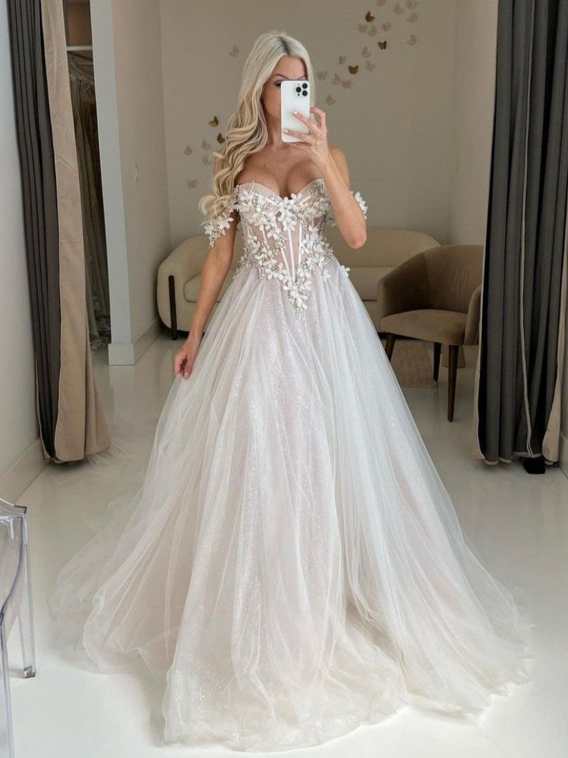 Off-the-Shoulder 3D Floral Corset Tulle Wedding Ball Gown - VelvetHem