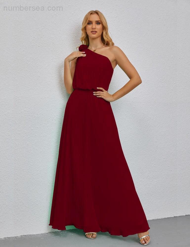 Ruffled One Shoulder Sleeveless Long Bridesmaid Dresses A-line Formal Evening Gown Side Split 28080 (ZD17018)