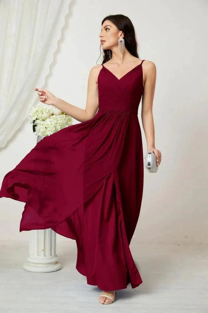 Numbersea Chiffon V-Neck Bridesmaid Dress Spaghetti Strap Long Formal Party Prom Gowns with Slit 28010 by numbersea