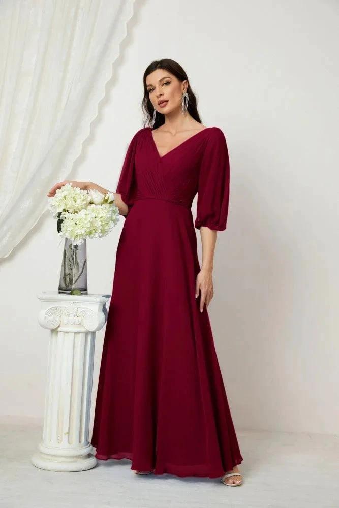 Numbersea Formal Prom Gown Women V-Neck Chiffon Bridesmaid Dresses Long Bishop Sleeve Party Dress 2807 by numbersea