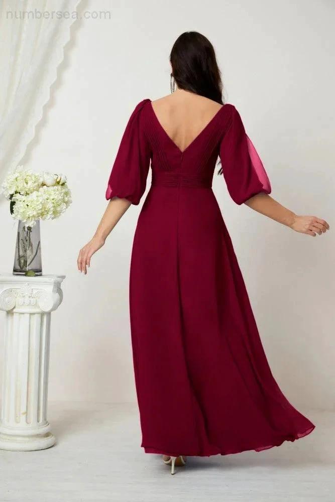 ZapDress Formal Prom Gown Women V-Neck Chiffon Bridesmaid Dresses Long Bishop Sleeve Party Dress 2807 (ZD17027)