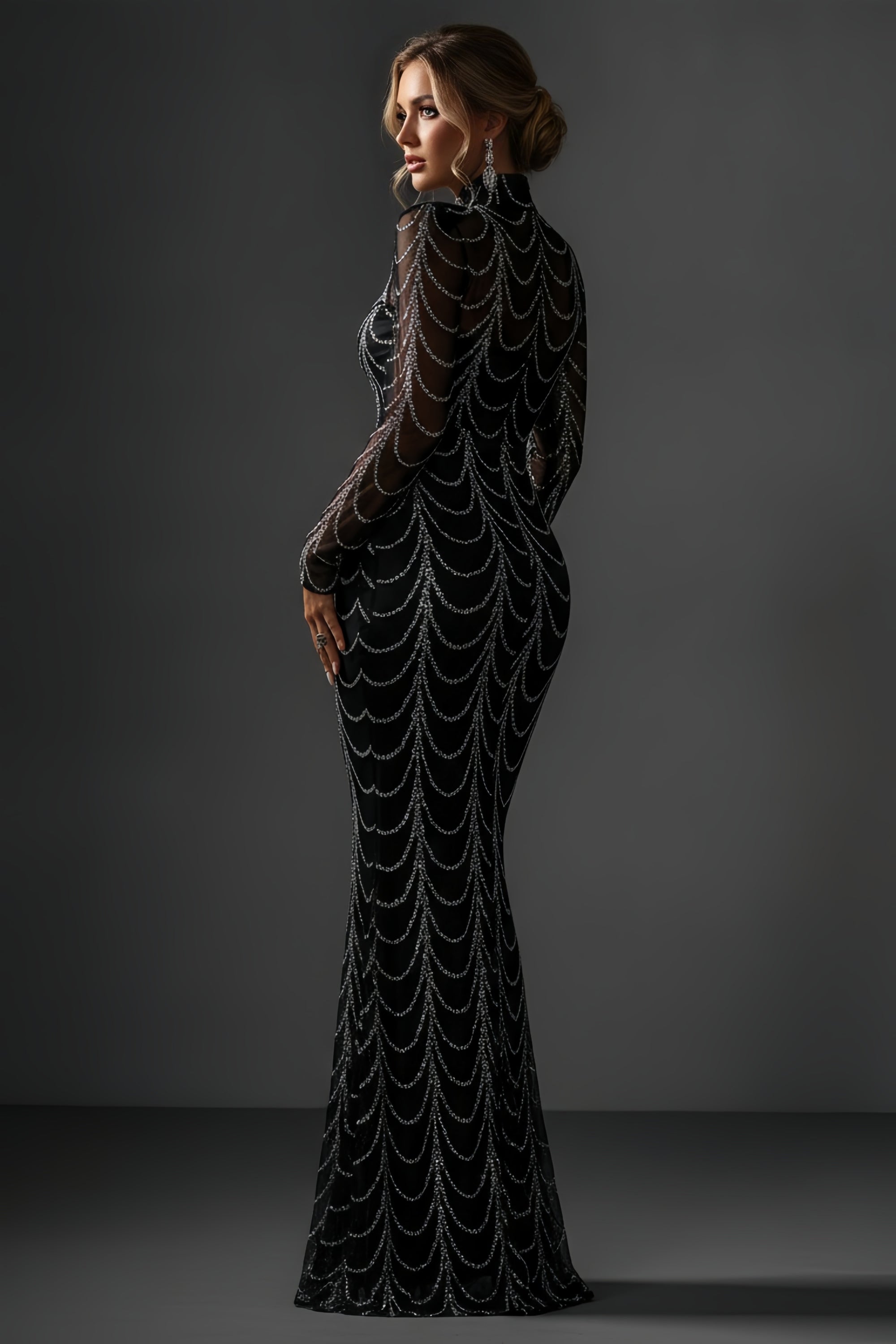 Draped Beaded Chain High Neck Long Sleeve Mermaid Gown