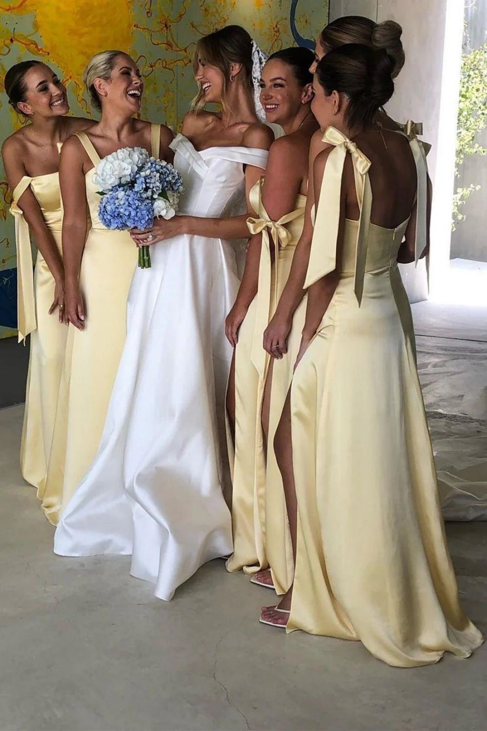 Simple Sheath Spaghetti Straps Yellow Long Bridesmaid Dress with Split Front