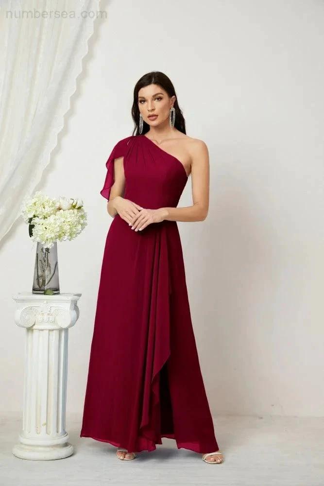 ZapDress Chiffon Ruffled One Shoulder Long Bridesmaid Dresses A-line Formal Evening Gown Side Split 2809 (ZD17049)