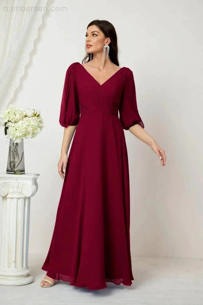 ZapDress Formal Prom Gown Women V-Neck Chiffon Bridesmaid Dresses Long Bishop Sleeve Party Dress 2807 (ZD17027)