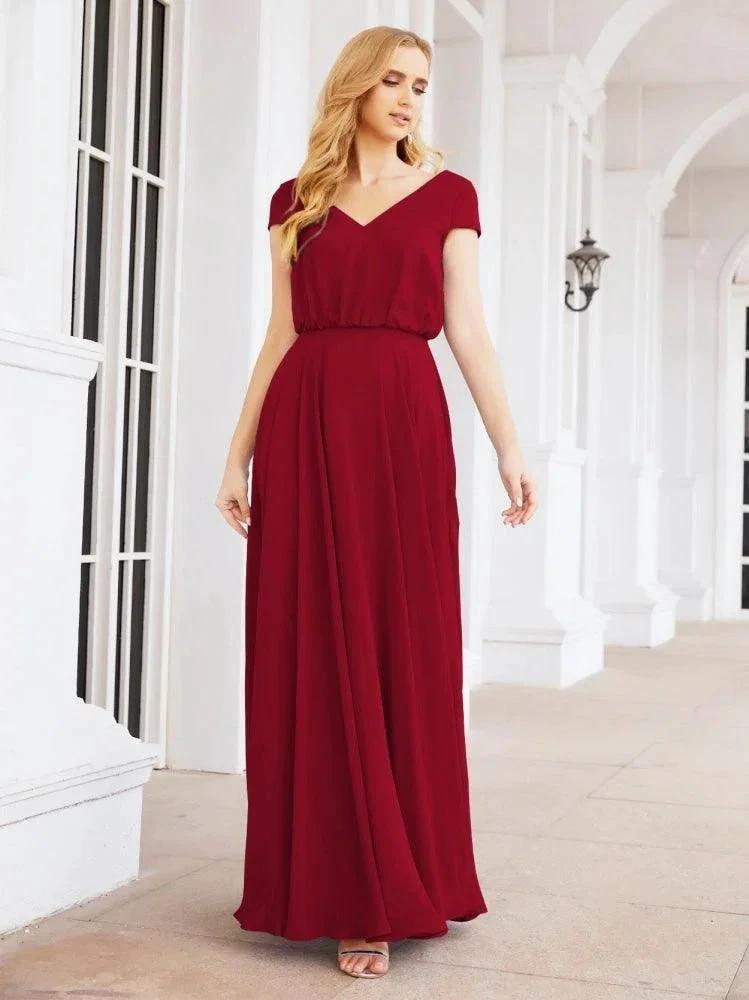 Numbersea V-Neck Bridesmaid Dresses Long Cap Sleeves Prom Evening Formal Gowns 28071 by numbersea