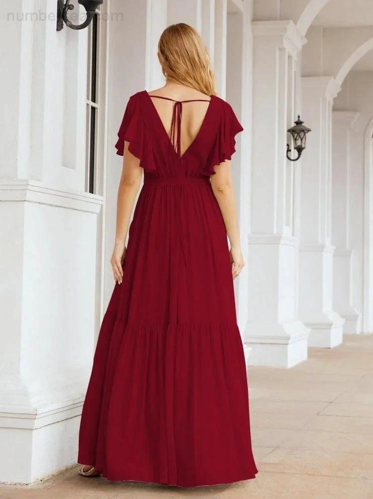 ZapDress Women's Open Back Formal Evening Party Prom Gowns V-Neck Long Chiffon Bridesmaid Dresses with Waist Belt 28038 (ZD17000)