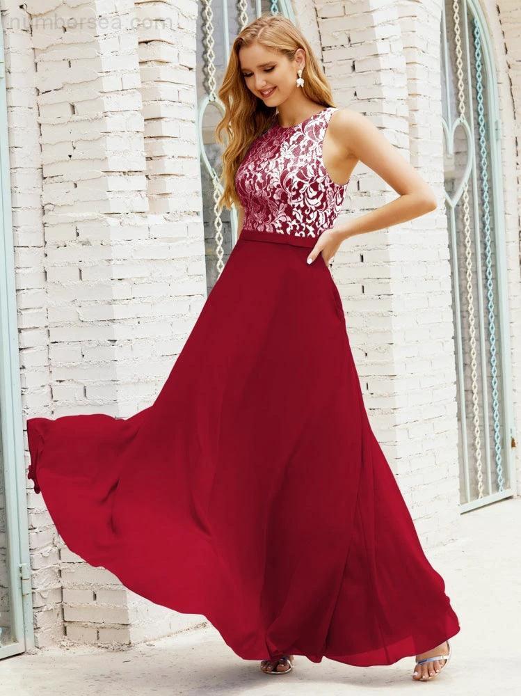 Lace Bridesmaid Dress Floor Length Evening Gowns with Pockets 28017 (ZD16964)