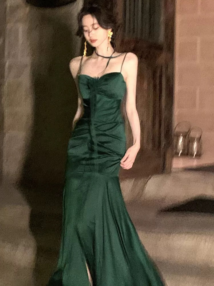 Simple Sheath Spaghetti Straps Floor Length Green Satin Prom Dresses Birthday Dress