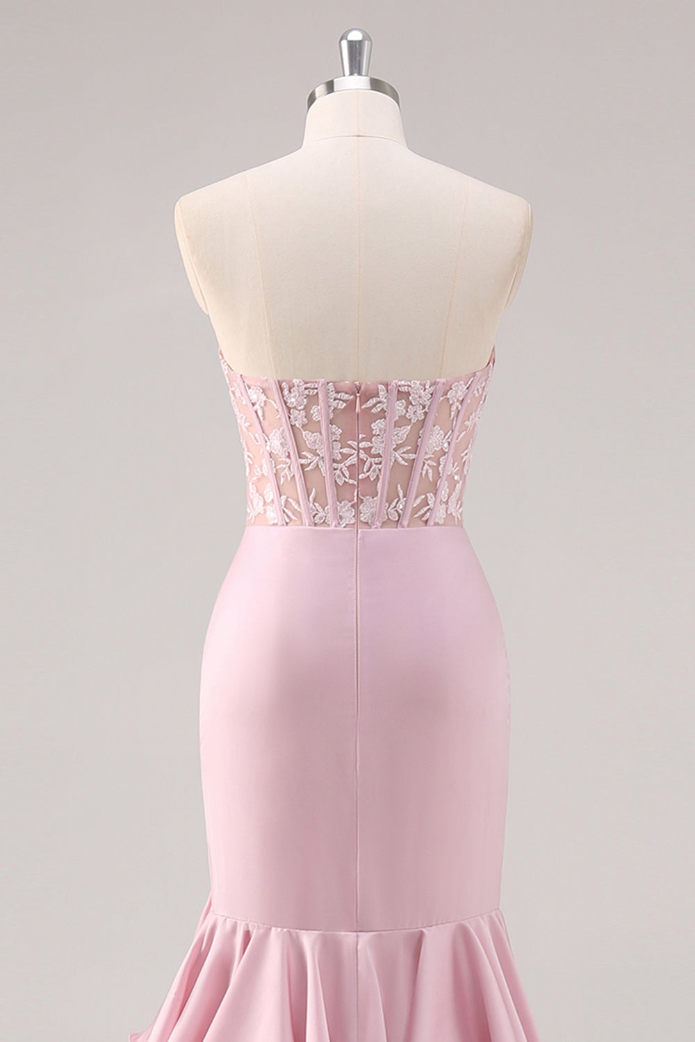 Blush Mermaid Ruffled Prom Dress with Lace