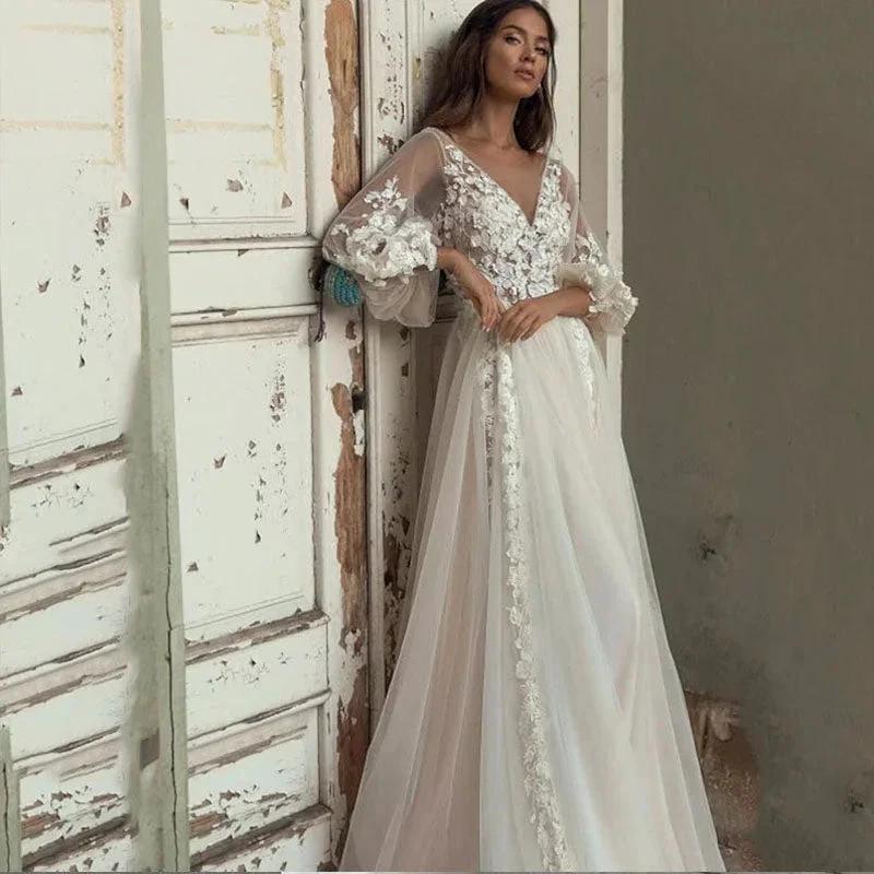 Charming Long Puffy Sleeves Wedding Dresses A-Line V Neck Appliques Open Back Sweep Train Bridal Gown Custom Made (ZD13392)