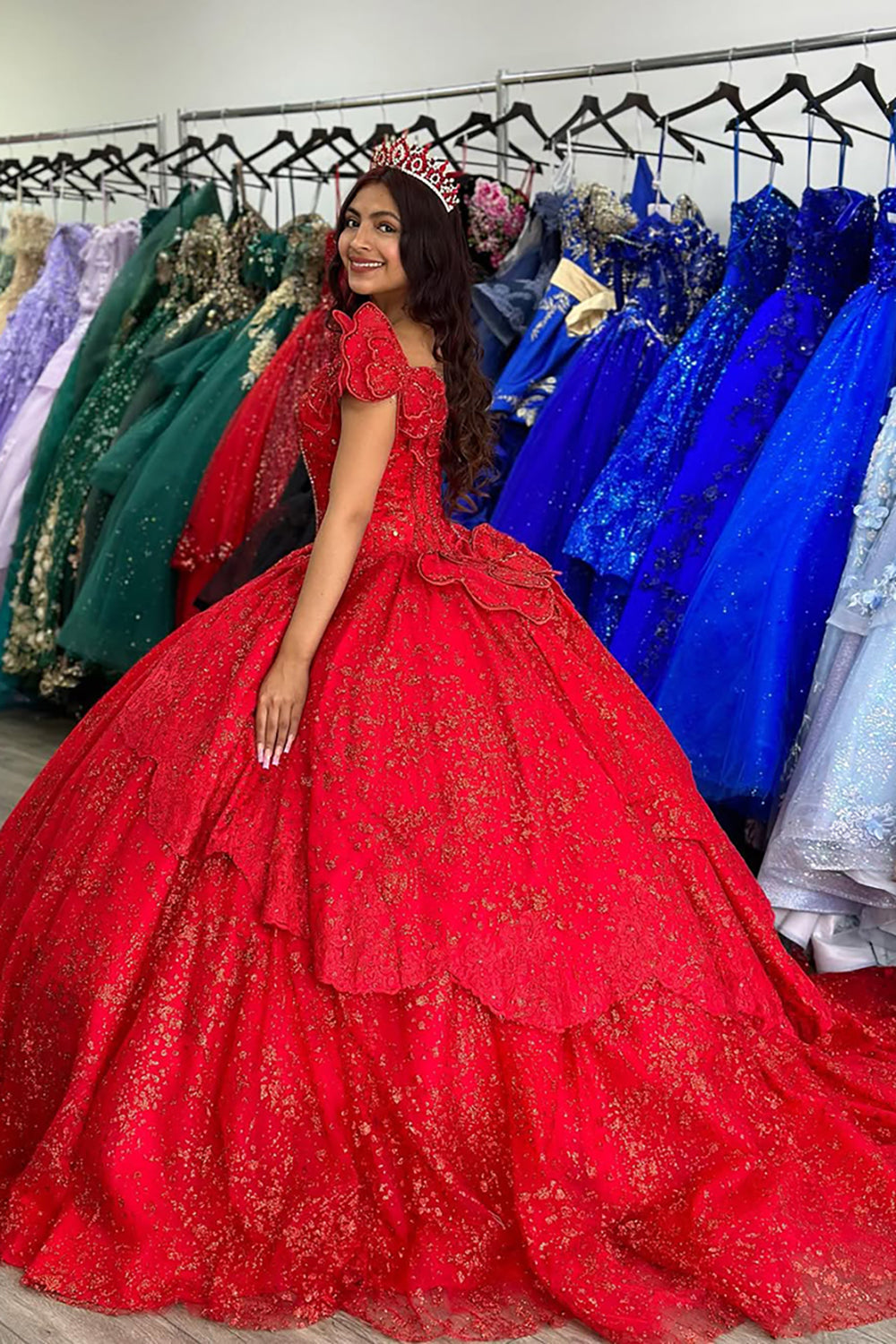 Sparkly Red Off the Shoulder Ball Gown Appliqued Quinceanera Dress - View 2 | VelvetHem