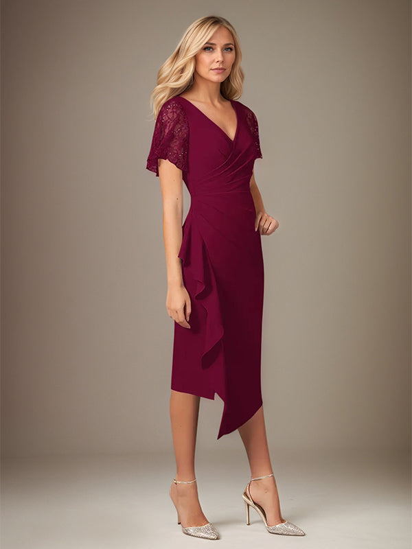 Burgundy Stretch Crepe V-Neck Short Sleeves Tea-Length Dress