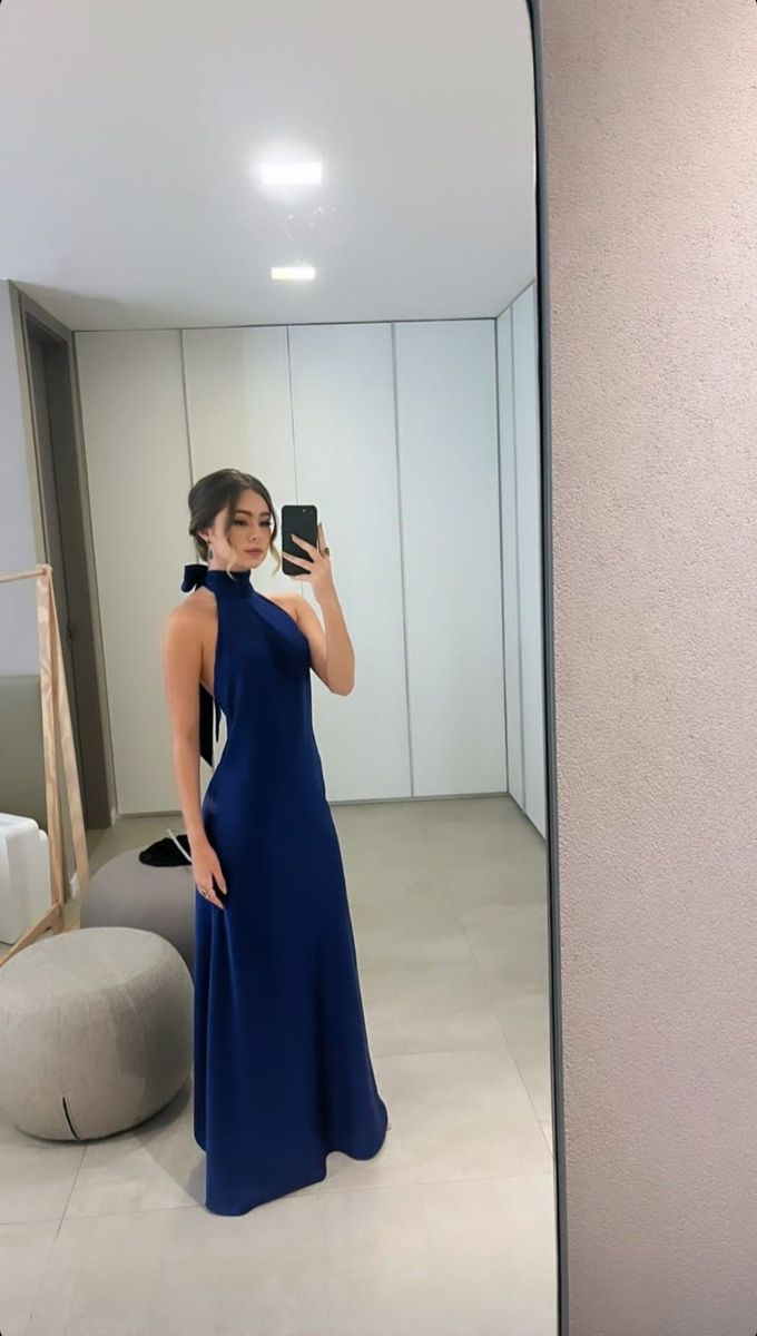 Sexy Navy Blue Halter Evening Dress Long Party Dress