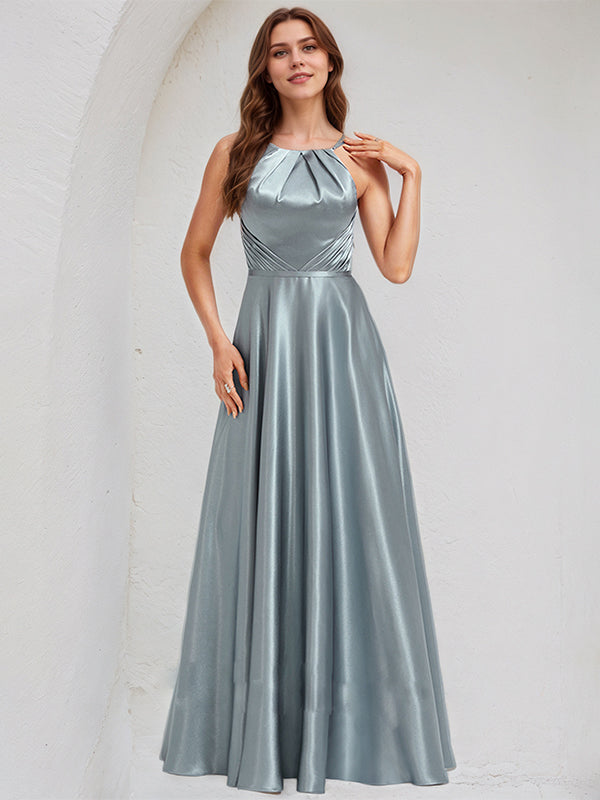 Dusty Blue Satin A Line Halter Neck Sleeveless Floor Length Bridesmaid Dress
