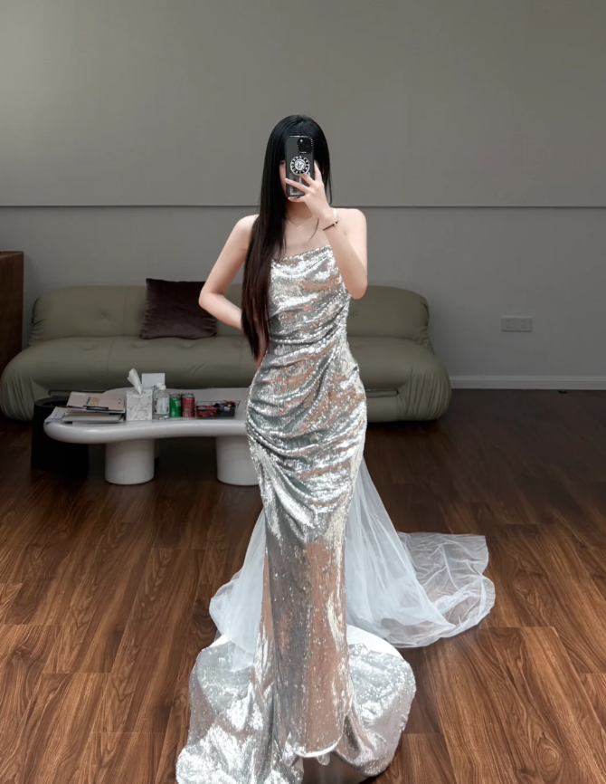 Silver Mermaid Prom Party Dress Evening Dress Birthday Outfit