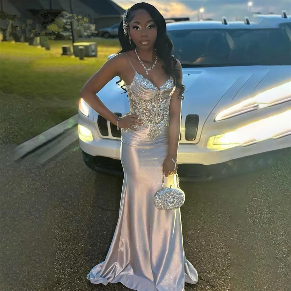 Satin Evening Dress, Silver Prom Dresses, V-Neck Mermaid Spaghetti Straps Floor-Length Dress - View 2 | FashionDia