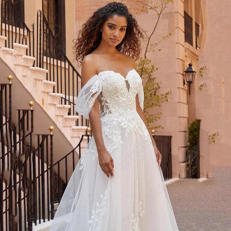 RODDRSYA Beach Wedding Dresses Lace Puff Sleeves Bridal Gowns Princess Off Shoulder Vestido De Novia Appliques Tulle Sweep Train (ZD13340)
