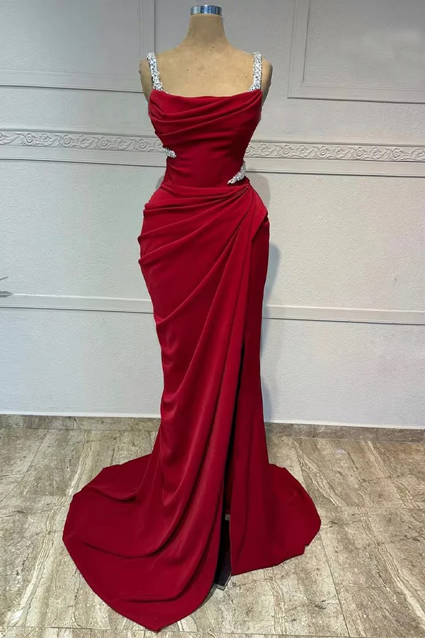 Fashion Burgundy Mermaid Pleated Prom Dress Slit Party Evening Gown - View 2 | FashionDia