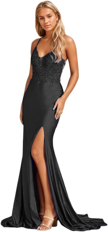 Women's Lace Applique Mermaid Prom Dresses Long with Slit Stretchy Satin V Neck Formal Evening Gown - View 15 | VelvetHem