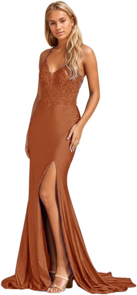 Women's Lace Applique Mermaid Prom Dresses Long with Slit Stretchy Satin V Neck Formal Evening Gown