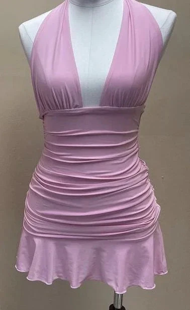 Pink Halter Deep V Neck Homecoming Dress Y2594 by simplepromdress