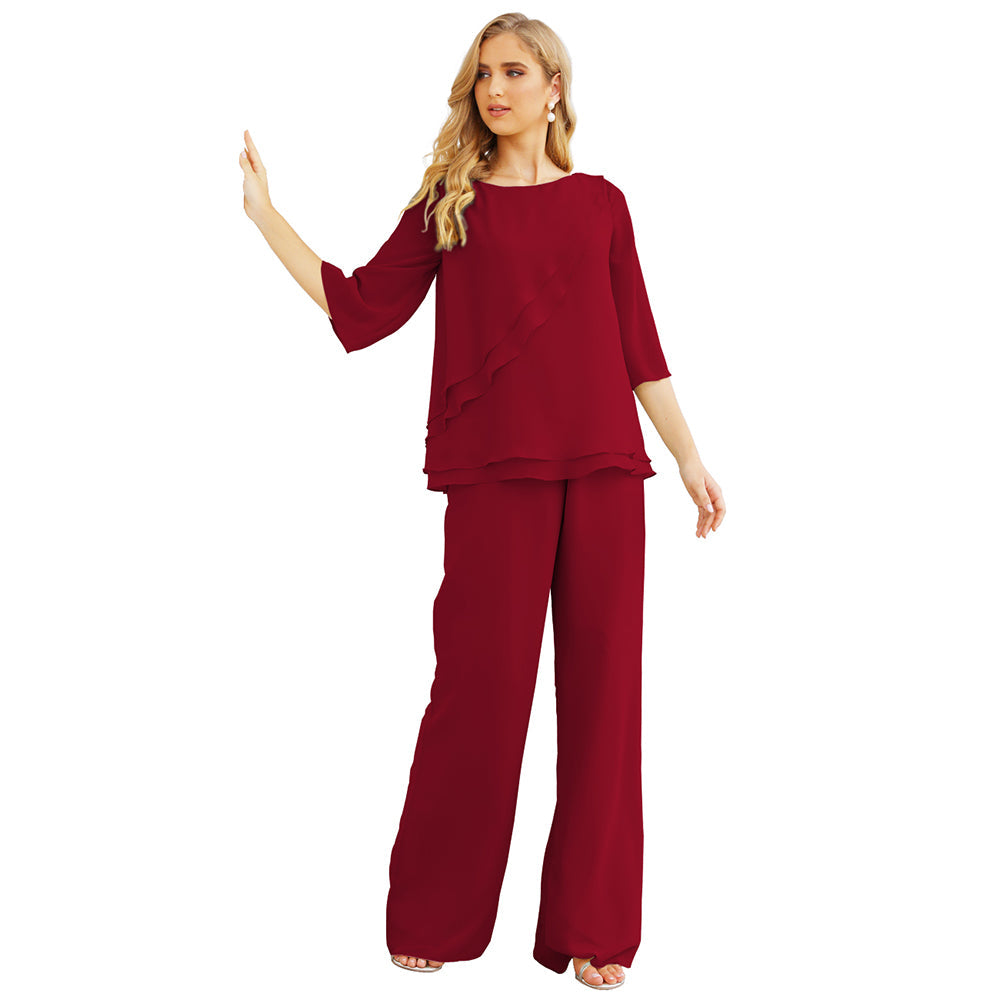 Sunnderly Chiffon Mother of The Bride Dress Plus Size Pant Suits Ruffle Layers